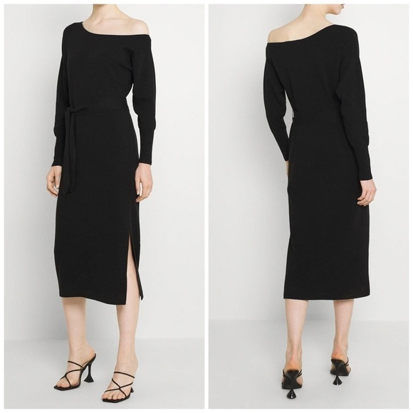 NEW Ever New Issey Self Tie Off Shoulder Knit Black Midi Dress - Picture 2 of 10